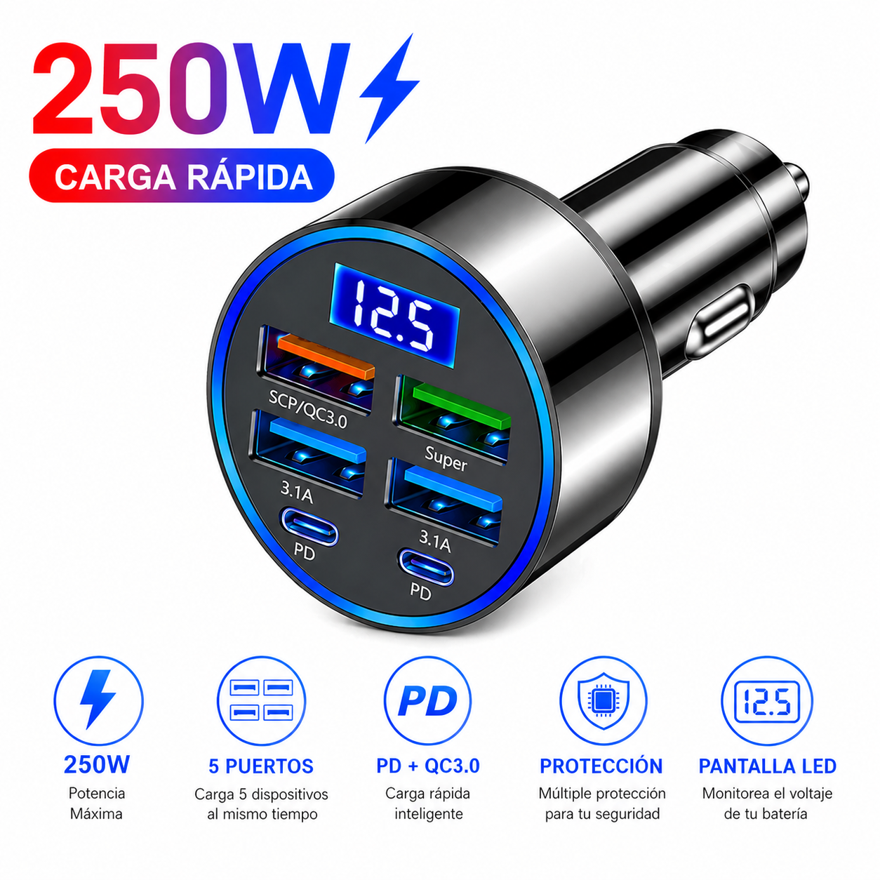 Cargador Rápido USB para Auto 250W